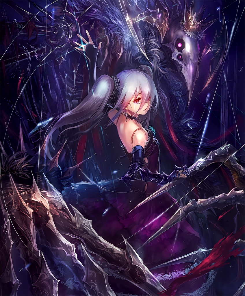 artist_request asymmetrical_clothes blade claws crown crying cygames doll_joints dress elbow_gloves eyebrows_visible_through_hair fingerless_gloves gloves igarashi_youhei looking_at_viewer looking_back marionette//tre official_art orchis puppet puppet_strings red_eyes shadowverse shingeki_no_bahamut tears twintails white_hair