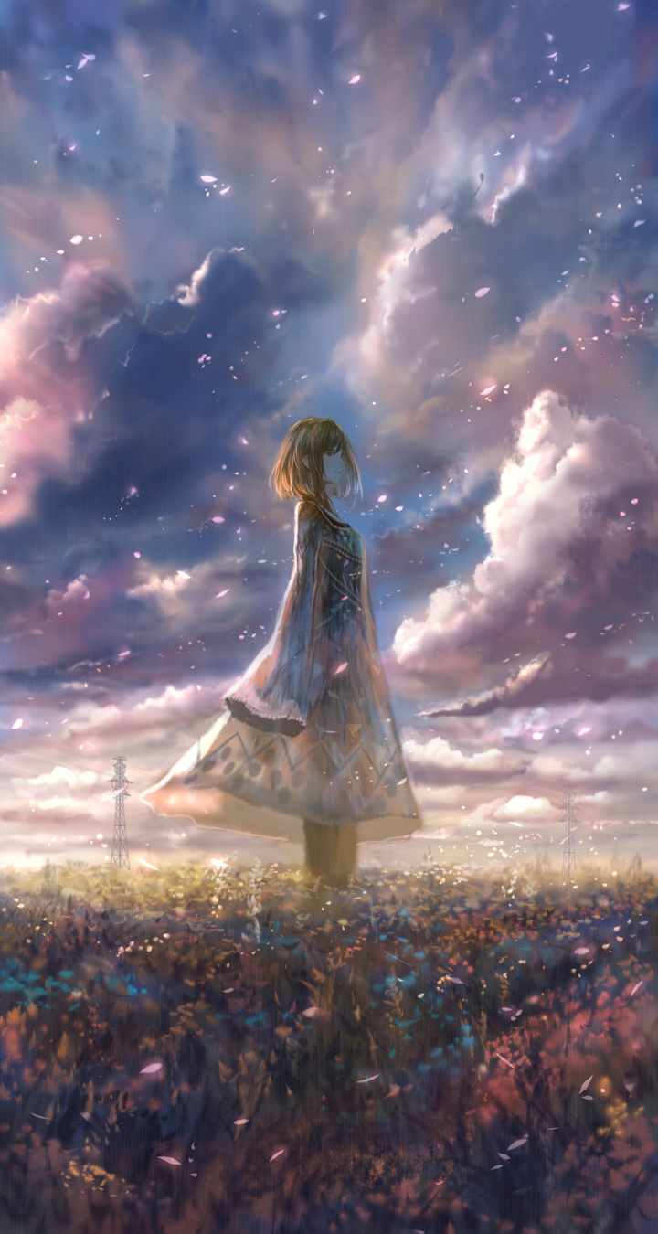blue_dress brown_hair closed_mouth cloud cloudy_sky commentary_request dress fantasy from_side highres light_particles long_dress long_sleeves meadow original outdoors overcast sakimori_(hououbds) scenery short_hair sky sleeves_past_fingers sleeves_past_wrists solo standing transmission_tower