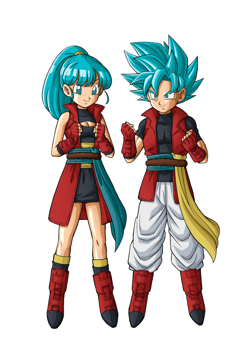 1boy 1girl beat_(dragon_ball) blue_eyes blue_hair boots breasts dragon_ball dragon_ball_heroes full_body happy karoine note_(dragon_ball) ponytail saiyan shiny shiny_skin smile super_saiyan super_saiyan_blue tail