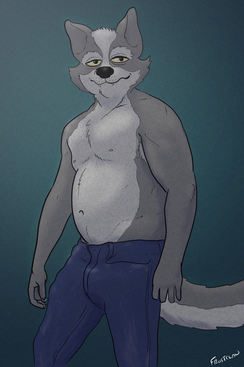 2017 anthro belly black_nose bulge cael_o'donnell canine clothed clothing fangs frostclaw fur gradient_background grey_fur invalid_tag jeans looking_at_viewer male mammal navel pants simple_background slightly_chubby smile star_fox_the_animated_series topless watermark wolf yellow_eyes