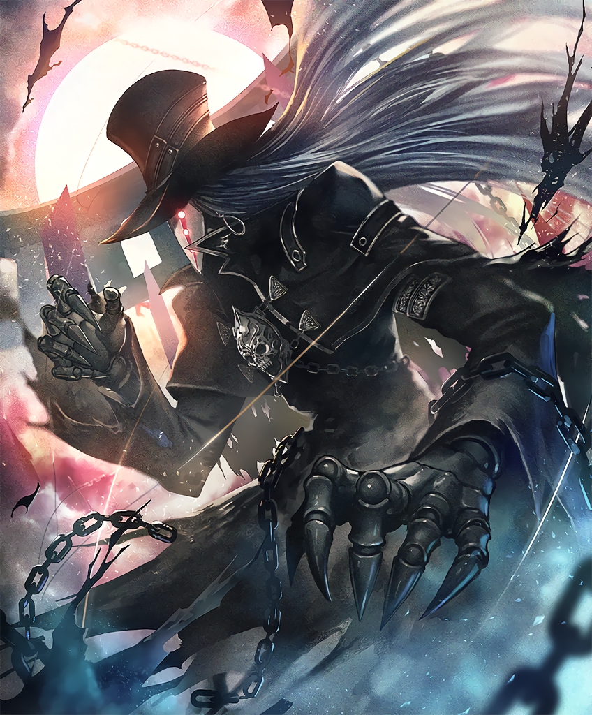 artist_request chain claws cygames hat lloyd_(granblue_fantasy) long_hair male_focus mask official_art red_eyes shadowverse shingeki_no_bahamut solo string top_hat trench_coat white_hair