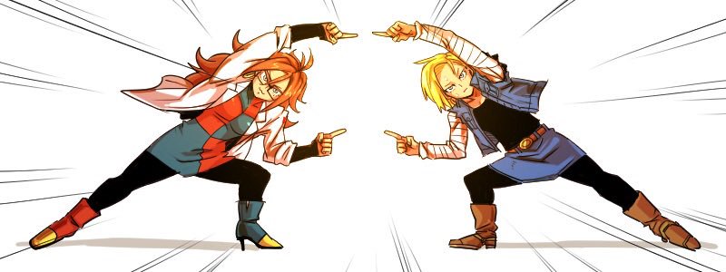 2girls android_18 android_21 artist_request blonde_hair breasts dragon_ball dragon_ball_fighterz earrings fusion glasses long_hair looking_at_viewer medium_breasts multiple_girls nail_polish short_hair