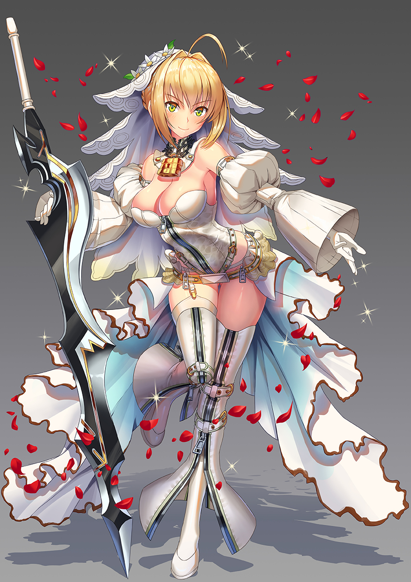 aestus_estus ahoge belt blonde_hair blush breasts bridal_veil closed_mouth commentary detached_sleeves fate/extra fate/grand_order fate_(series) full_body green_eyes hair_intakes highres knee_up large_breasts leotard looking_at_viewer nero_claudius_(bride)_(fate) nero_claudius_(fate)_(all) petals planted_sword planted_weapon rose_petals shadow showgirl_skirt sidelocks smile solo sparkle standing standing_on_one_leg sword tako_seijin thighhighs thighs v-shaped_eyebrows veil weapon white_legwear white_leotard white_sleeves zipper