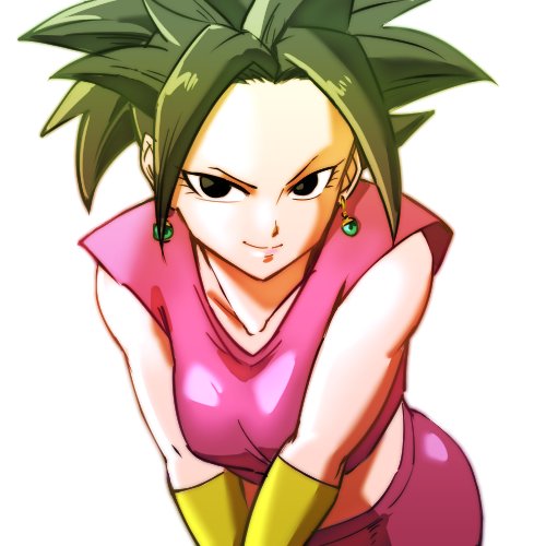 1girl artist_request black_eyes black_hair character_name dragon_ball dragon_ball_super earrings female jewelry kefla looking_at_viewer ponytail potara_earrings shiny simple_background smile solo spiked_hair