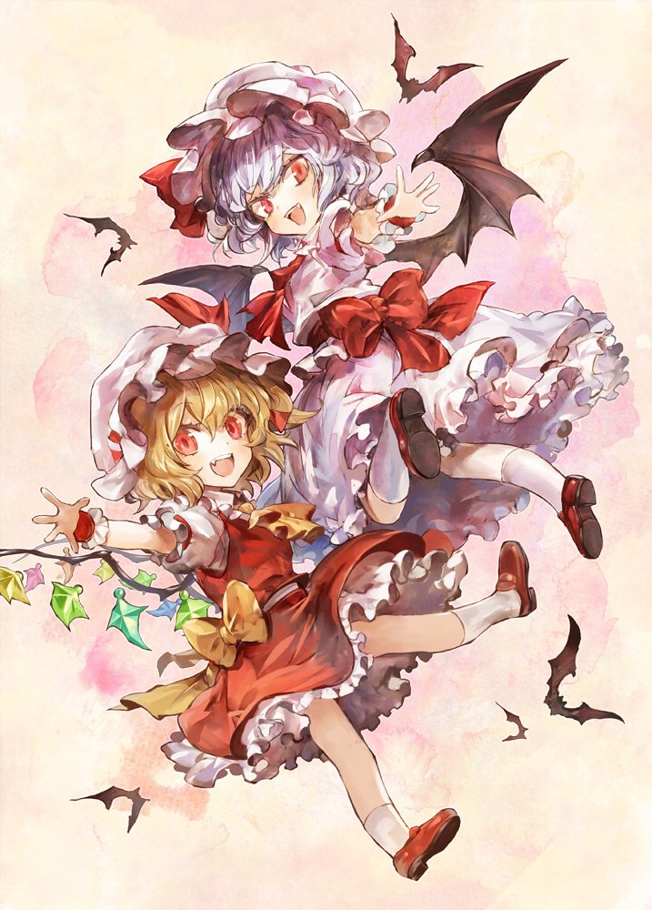 2girls ascot bat bat_wings blonde_hair fang flandre_scarlet hat hat_ribbon jpeg_artifacts kozou_(soumuden) mob_cap multiple_girls outstretched_arm red_eyes red_footwear red_ribbon red_skirt remilia_scarlet ribbon shoes siblings silver_hair simple_background sisters skirt skirt_set socks touhou vest white_socks wings yellow_neckwear