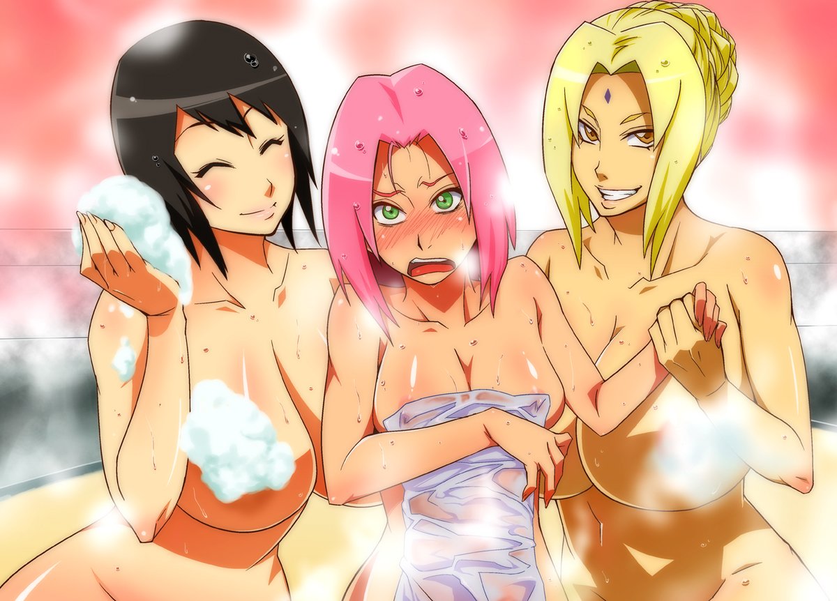 areolae bathroom black_hair blonde_hair blush breasts brown_eyes closed_eyes commentary_request convenient_censoring embarrassed facial_mark forehead_mark haruno_sakura holding_hands large_breasts looking_at_viewer multiple_girls naruto naruto_(series) naruto_shippuuden nude pink_hair shizune_(naruto) short_hair smile soap soap_bubbles soap_censor steam steam_censor sunahara_wataru towel tsunade washing_another wet wet_hair