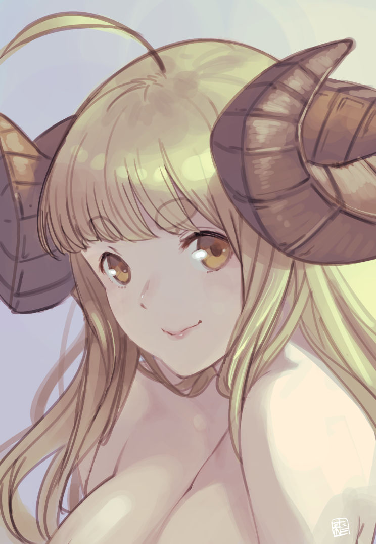 ahoge anila_(granblue_fantasy) bangs blonde_hair breasts brown_eyes cleavage closed_mouth commentary curled_horns draph eyebrows_visible_through_hair granblue_fantasy horns large_breasts long_hair looking_at_viewer nude sheep_horns shimotsuki_eight short_eyebrows signature smile solo thick_eyebrows very_long_hair