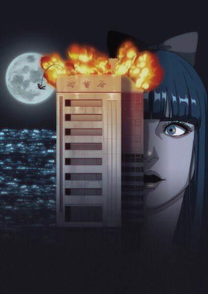 bangs blue_hair blunt_bangs bow building bungee_jumping city die_hard explosion full_moon hair_bow long_hair moon official_art open_mouth parody pipimi poptepipic red_bow sign silhouette surprised window