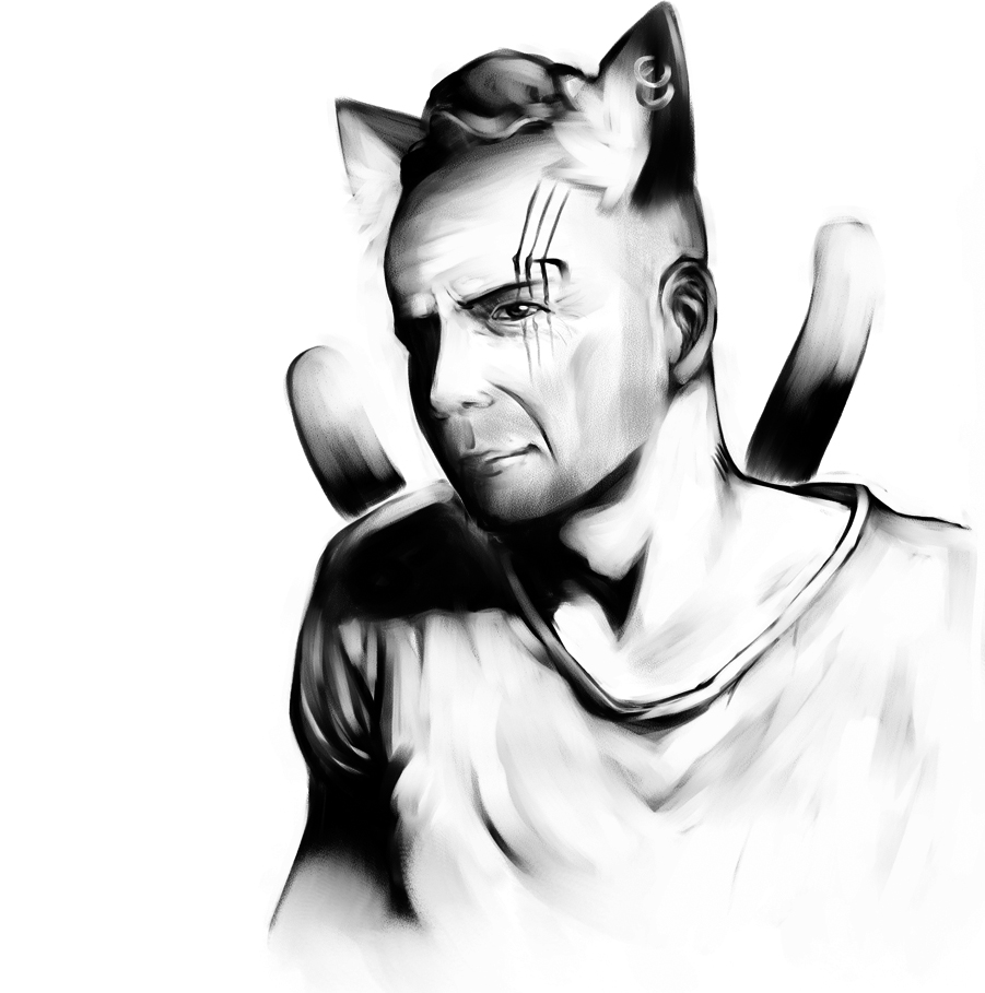 akino_sora animal_ears bruce_willis cat_ears cat_tail chen closed_mouth commentary_request earrings extra_ears fusion greyscale hat jewelry looking_at_viewer male_focus mob_cap monochrome multiple_tails nekomata scar scar_across_eye shirt simple_background smile solo tail touhou two_tails upper_body white_background