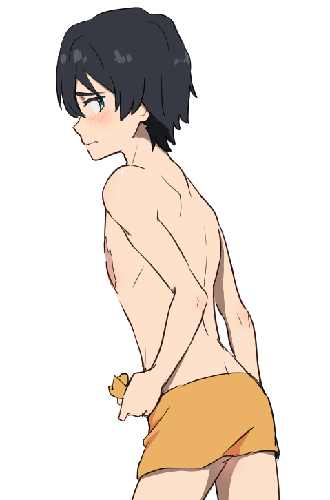 ass black_hair blue_eyes blush commentary cowboy_shot darling_in_the_franxx embarrassed from_behind hiro_(darling_in_the_franxx) holding holding_towel k_016002 male_focus naked_towel orange_towel scar shirtless simple_background solo towel wavy_mouth white_background
