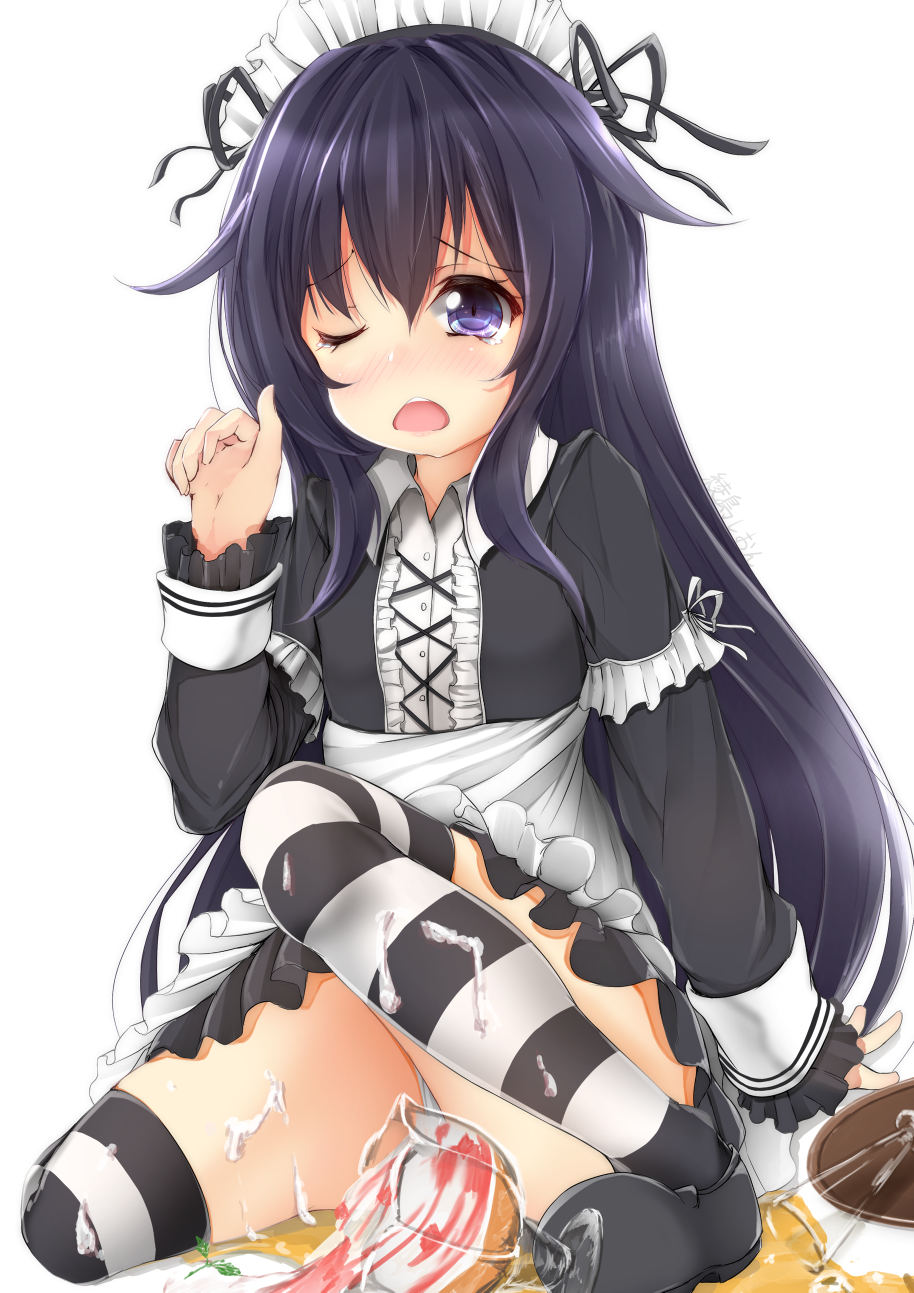 akatsuki_(kantai_collection) alternate_costume bangs black_dress black_footwear blush commentary_request dress enmaided eyebrows_visible_through_hair hair_between_eyes hand_up highres kantai_collection long_hair long_sleeves maid maid_headdress maru_shion nose_blush one_eye_closed open_mouth purple_eyes purple_hair shoes simple_background solo spill striped striped_legwear suggestive_fluid tears thighhighs tray upper_teeth very_long_hair white_background