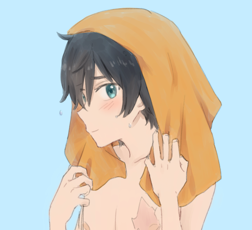 black_hair blue_eyes blush commentary_request darling_in_the_franxx hiro_(darling_in_the_franxx) holding holding_towel k_016002 male_focus scar shirtless solo sweatdrop towel towel_on_head