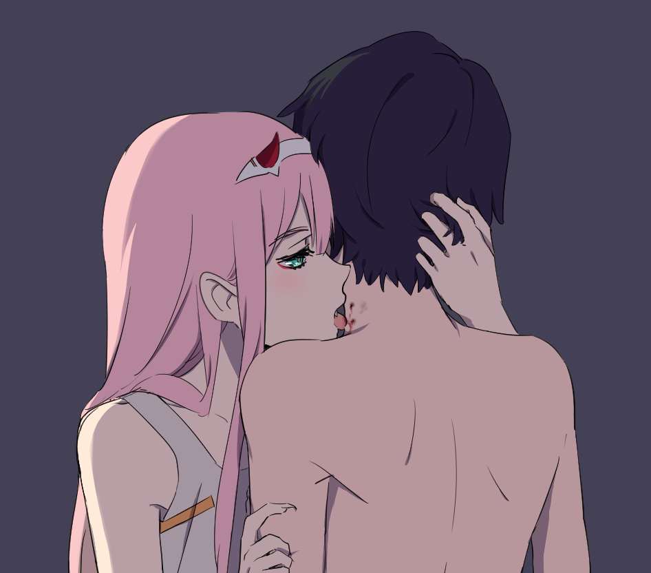 1girl black_hair blood claws commentary couple darling_in_the_franxx english_commentary fang green_eyes hairband hand_on_another's_head hiro_(darling_in_the_franxx) horns hug k_016002 licking long_hair nightgown oni_horns pink_hair red_horns shirtless vampire white_hairband white_nightgown zero_two_(darling_in_the_franxx)
