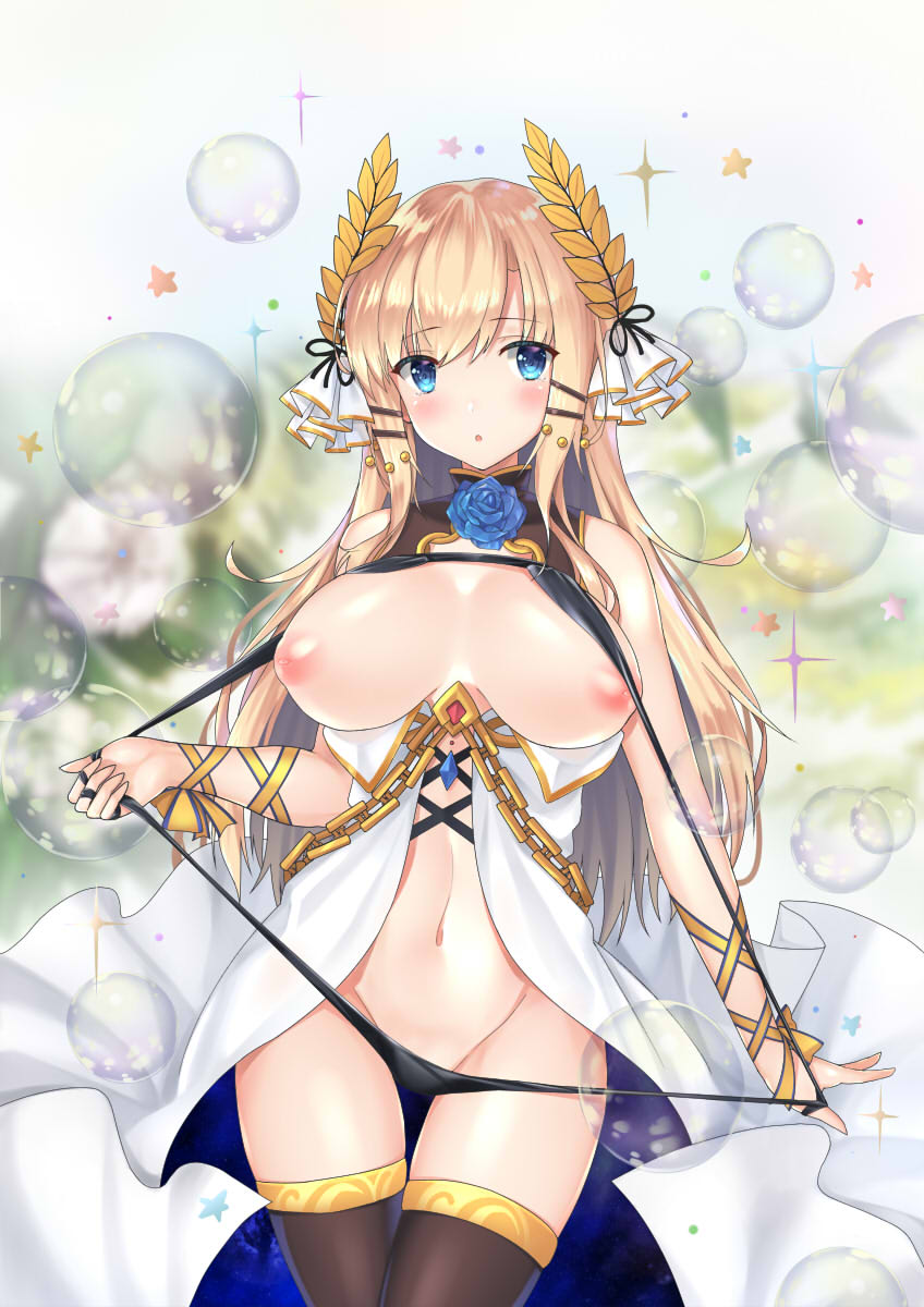 :o azur_lane black_legwear blonde_hair blue_eyes blue_flower blue_rose blush breastless_clothes breasts breasts_apart bubble cowboy_shot eyebrows_visible_through_hair flower groin head_tilt highres inverted_nipples large_breasts long_hair looking_at_viewer navel nipples parted_lips rose sakurai_momoka_no_musuko slingshot_swimsuit solo sparkle strap_pull swimsuit thighhighs very_long_hair victorious_(azur_lane)