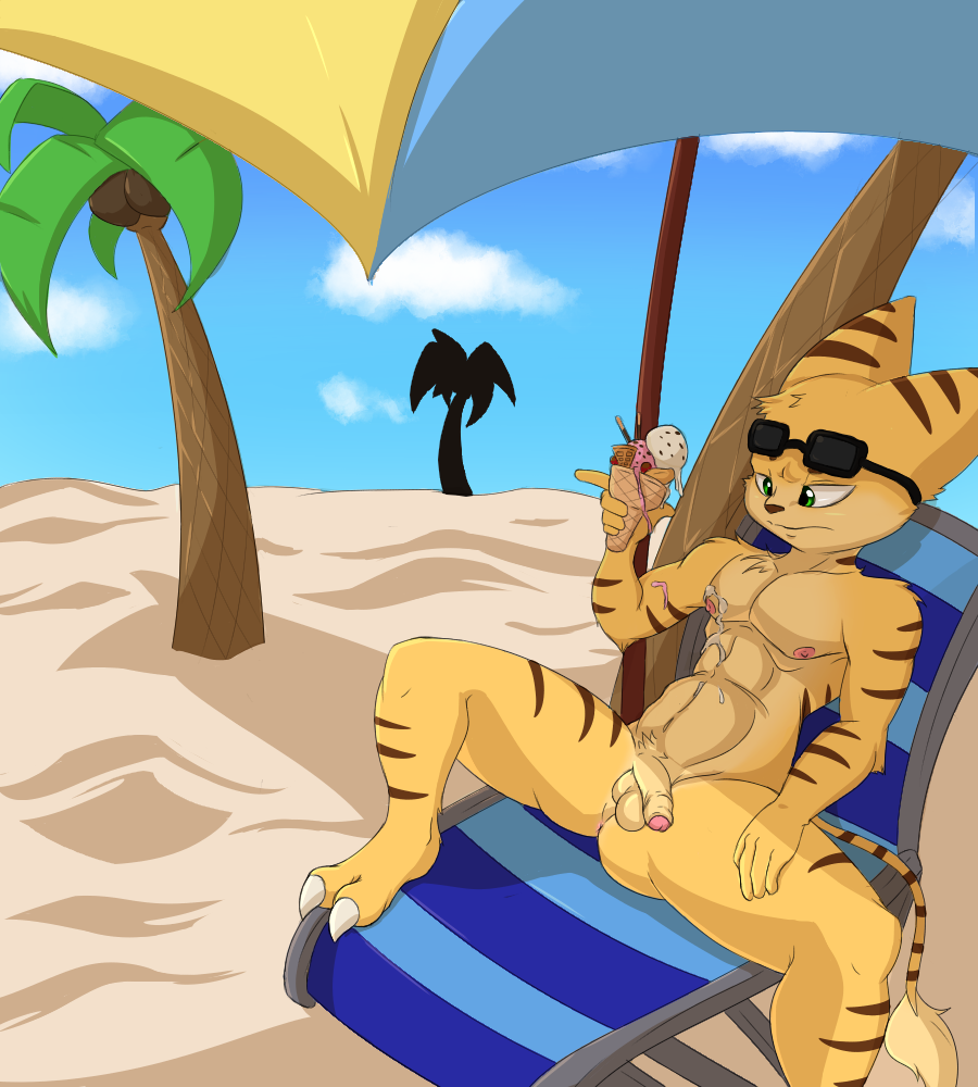 abs balls beach cel_shading dessert eyewear feline food foreskin generalmale green_eyes ice_cream lombax male mammal nipples nude nude_beach on_chair palm_trees penis ratchet ratchet_and_clank remiraccoon sand seaside soft solo sunglasses umbrella uncut video_games