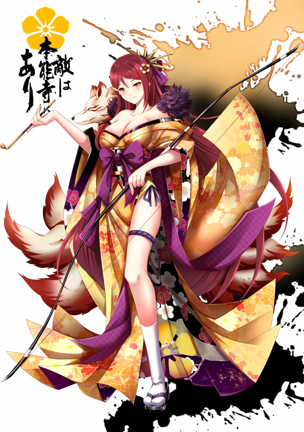 aata1007 bow_(weapon) breasts cleavage crest emblem emblem_request floral_print flower fox_tail hair_flower hair_ornament highres holding holding_pipe inkblot japanese_clothes kimono kiseru kitsune kneehighs large_breasts long_hair love_live! love_live!_sunshine!! multiple_tails obi pipe sakurauchi_riko sash side_slit solo standing tail thigh_strap translation_request weapon white_legwear yellow_kimono