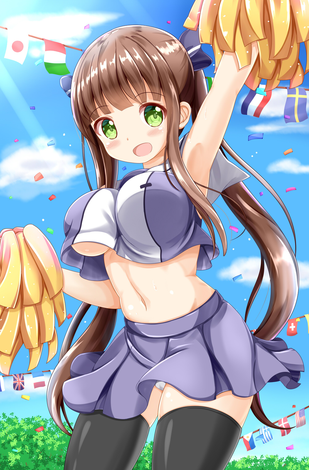 :d american_flag arm_up armpits bangs bare_arms bare_shoulders black_legwear blue_sky blush bow breasts brown_hair cheerleader cloud commentary_request confetti crop_top danish_flag day eyebrows_visible_through_hair flags_of_all_nations gochuumon_wa_usagi_desu_ka? greek_flag green_eyes hair_bow highres holding italian_flag japanese_flag large_breasts long_hair looking_at_viewer midriff navel open_mouth outdoors panties pleated_skirt pom_poms purple_bow purple_skirt shirt sidelocks skirt sky sleeveless sleeveless_shirt smile solo string_of_flags swedish_flag swiss_flag thighhighs twintails ujimatsu_chiya underboob underwear union_jack very_long_hair white_panties zenon_(for_achieve)