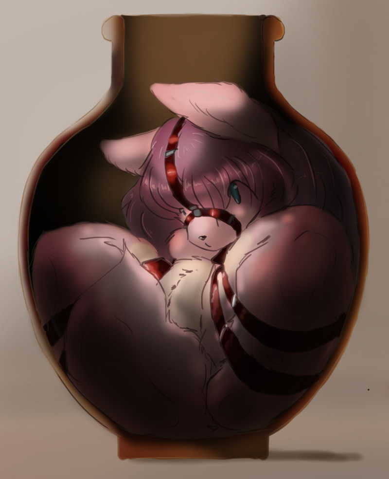 anthro bdsm blue_eyes bondage bound canine female fur hair in_jar jar mammal pink_fur pink_hair pussy simple_background solo sorrynothing trapped