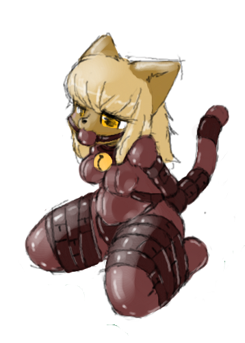 anthro ball_gag bound breasts brown_fur cat clothing collar feline female frogtied fur gag kneeling legs_tied mammal rubber rubber_suit simple_background solo sorrynothing yellow_eyes