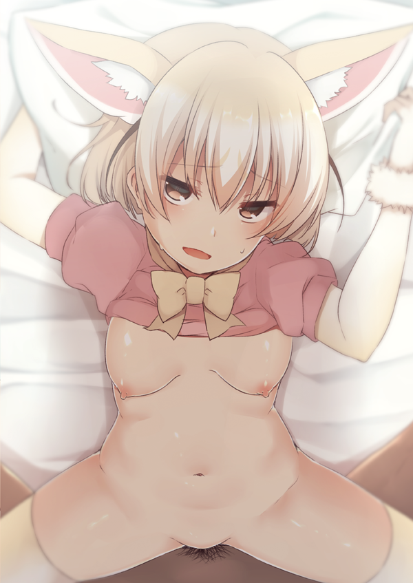 1girl animal_ears blonde_hair blush bottomless bow bowtie breasts brown_eyes commentary_request fennec_(kemono_friends) fox_ears fox_tail gloves hetero kemono_friends looking_at_viewer lying male_pubic_hair nagami_yuu navel nipples on_back open_mouth pillow pillow_grab pubic_hair sex shirt_lift short_hair small_breasts solo_focus spread_legs tail thighhighs yellow_legwear