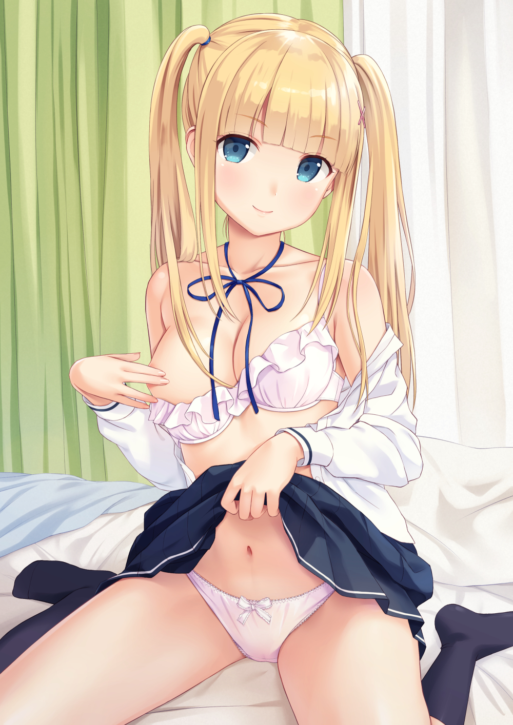 areolae bangs banned_artist bed_sheet black_legwear blonde_hair blue_eyes blue_ribbon blue_skirt blunt_bangs bow bow_panties bra breasts brown_panties cleavage closed_mouth commentary covering_nipples curtains eyebrows_visible_through_hair frilled_bra frills hair_ornament hair_tie highres indoors kneehighs lifted_by_self long_hair looking_at_viewer medium_breasts n.g. navel no_shoes off_shoulder on_bed one_breast_out open_clothes open_shirt original panties ribbon shirt sitting skirt skirt_lift smile solo twintails unbuttoned underwear wariza white_bra white_panties white_shirt x_hair_ornament