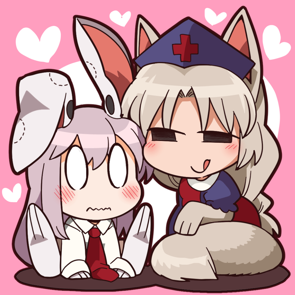animal_ears bite_mark blush bon_(rump) bunny_ears closed_mouth fox_ears fox_tail looking_at_another multiple_girls necktie red_cross red_neckwear reisen_udongein_inaba smile smug tail touhou wavy_mouth yagokoro_eirin