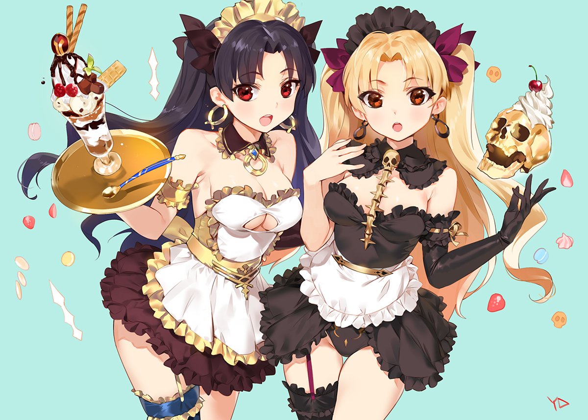 alternate_costume apron asymmetrical_legwear bare_shoulders black_gloves black_hair black_legwear blonde_hair commentary_request dessert earrings elbow_gloves ereshkigal_(fate/grand_order) fate/grand_order fate_(series) food fruit gloves gold_trim hair_ribbon ice_cream ishtar_(fate/grand_order) jewelry looking_at_viewer maid_apron maid_headdress multiple_girls open_mouth red_eyes ribbon siblings simple_background single_glove single_sleeve single_thighhigh sisters skull spine spoon thighhighs tray twintails yang-do