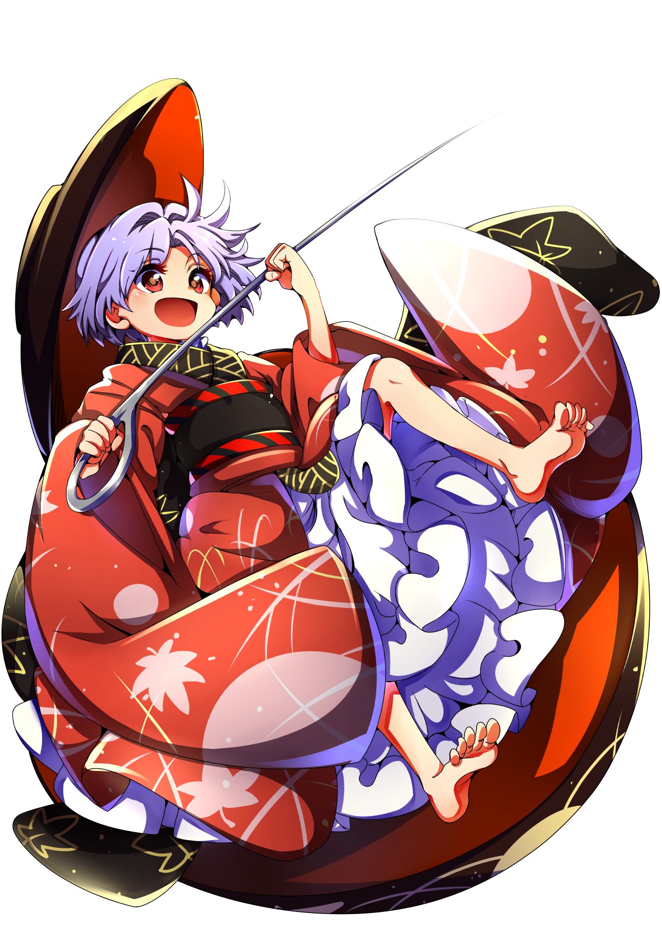 baba_(baba_seimaijo) barefoot bowl bowl_hat commentary_request eyebrows_visible_through_hair full_body hat highres holding_needle japanese_clothes kimono needle obi object_on_head open_mouth purple_hair sash short_hair solo sukuna_shinmyoumaru touhou white_background wide_sleeves