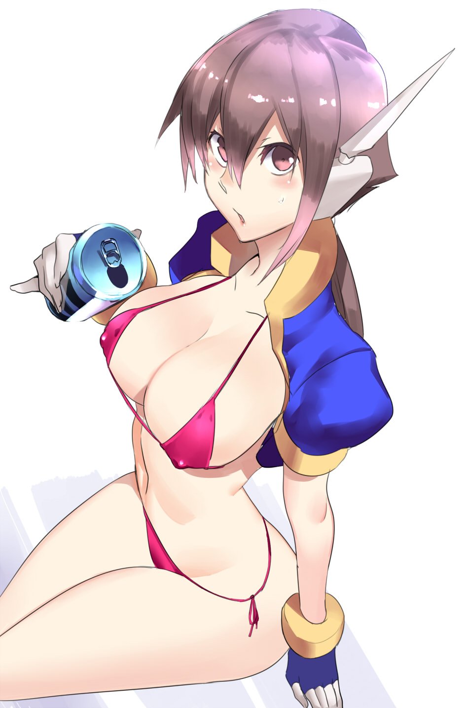 aile arched_back arm_support bad_source bangs bikini blue_bikini blue_jacket blush bracelet breasts brown_eyes brown_hair can covered_nipples cropped_jacket fingerless_gloves from_above gloves hair_between_eyes highres holding holding_can jacket jewelry large_breasts legs_together long_hair looking_up micro_bikini navel open_can open_mouth pinky_out ponytail puffy_short_sleeves puffy_sleeves purple_bikini rockman rockman_zx rockman_zx_advent short_sleeves side-tie_bikini sidelocks simple_background sitting solo strap_gap swimsuit ukimukai white_background