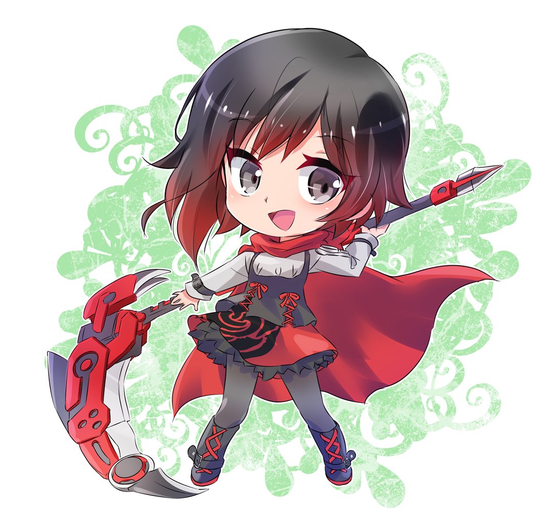 alternate_costume black_hair cape chibi commentary_request crescent_rose frilled_skirt frills highlights iesupa multicolored_hair red_hair ruby_rose rwby rwby_chibi scythe skirt solo
