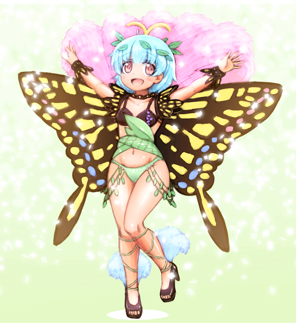 :d \o/ antennae arms_up bikini black_bikini_top black_footwear black_wings blue_hair blush_stickers brown_eyes butterfly_wings collarbone commentary eternity_larva full_body green_bikini_bottom high_heels leaf leaf_on_head looking_at_viewer navel open_mouth outstretched_arms samba shirosato short_hair smile solo standing standing_on_one_leg swimsuit touhou wings wrist_cuffs yellow_wings