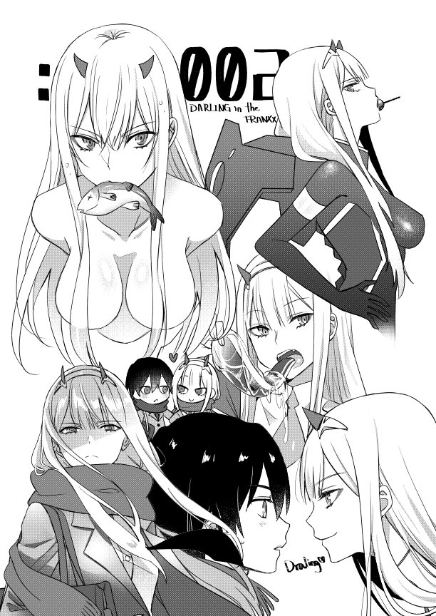 1girl candy coat commentary couple darling_in_the_franxx eating enpera eye_contact face-to-face food greyscale haikimono_shounen heart hetero hiro_(darling_in_the_franxx) horns lollipop long_hair looking_at_another looking_at_viewer monochrome mouth_hold multiple_views nude oni_horns profile scarf shaded_face zero_two_(darling_in_the_franxx)