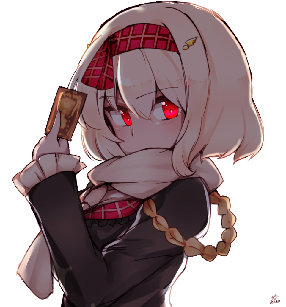 2018 aiguillette azur_lane bangs blonde_hair blush card chiru_(218mg) covered_mouth dated eyebrows eyebrows_visible_through_hair frilled_sleeves frills from_side hair_between_eyes hair_ornament hairband hand_up hermes_(azur_lane) holding holding_card long_sleeves plaid red_eyes red_hairband red_ribbon ribbon short_hair signature simple_background solo upper_body white_background wing_hair_ornament