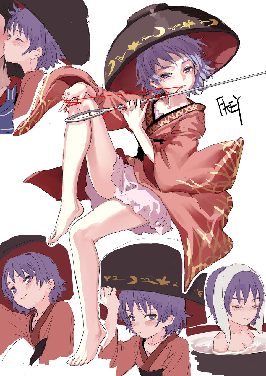 artist_name bare_legs barefoot black_hair blue_bow blue_neckwear blush bow bowl check_commentary cheek_kiss closed_eyes collarbone commentary commentary_request expressions fkey full_body hand_on_headwear head_tilt highres holding_needle japanese_clothes kijin_seija kimono kiss knee_up long_sleeves looking_at_viewer mouth_hold multiple_girls multiple_views needle no_hat no_headwear nude out_of_frame pink_skirt purple_eyes purple_hair red_kimono red_string sailor_collar short_hair signature skirt smile solo_focus string sukuna_shinmyoumaru touhou towel towel_on_head upper_body wide_sleeves yuri