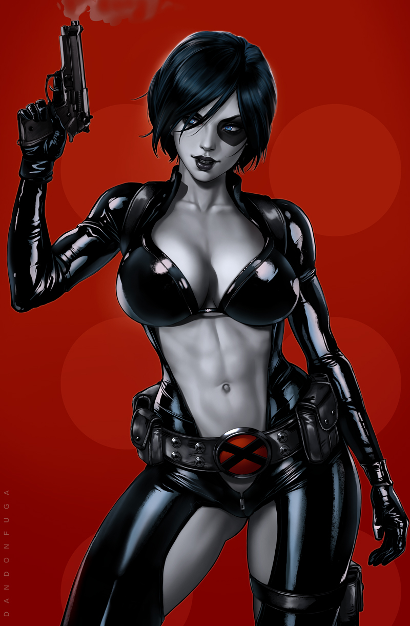 abs artist_name belt black_hair black_lipstick blue_eyes bodysuit breasts center_opening cleavage collarbone dandon_fuga domino_(marvel) gloves gun handgun highres holding holding_gun holding_weapon holster large_breasts legs_apart lipstick looking_to_the_side makeup marvel md5_mismatch muscle muscular_female navel pale_skin red_background short_hair smoke smoking_gun solo standing thigh_holster weapon