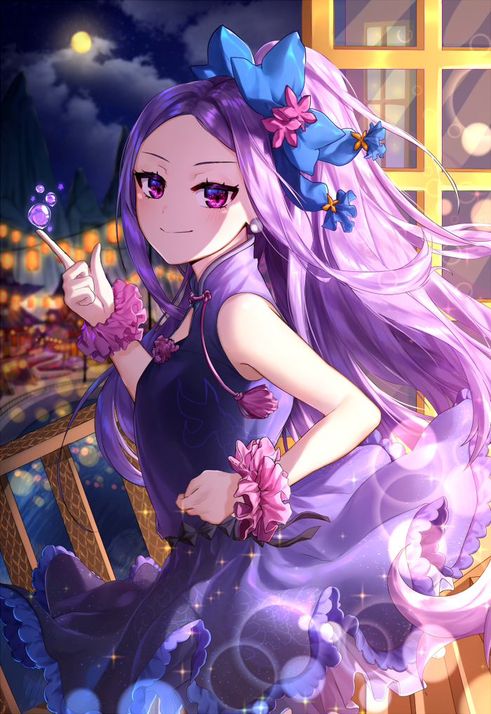 bare_shoulders blush breasts city_lights cityscape cloud dress fate/grand_order fate_(series) forehead frilled_dress frills hair_ornament hm_(wonhml) long_hair looking_at_viewer moon night night_sky pink_scrunchie ponytail purple_dress purple_eyes purple_hair scrunchie sky sleeveless sleeveless_dress small_breasts smile solo standing tied_hair wrist_scrunchie wu_zetian_(fate/grand_order)