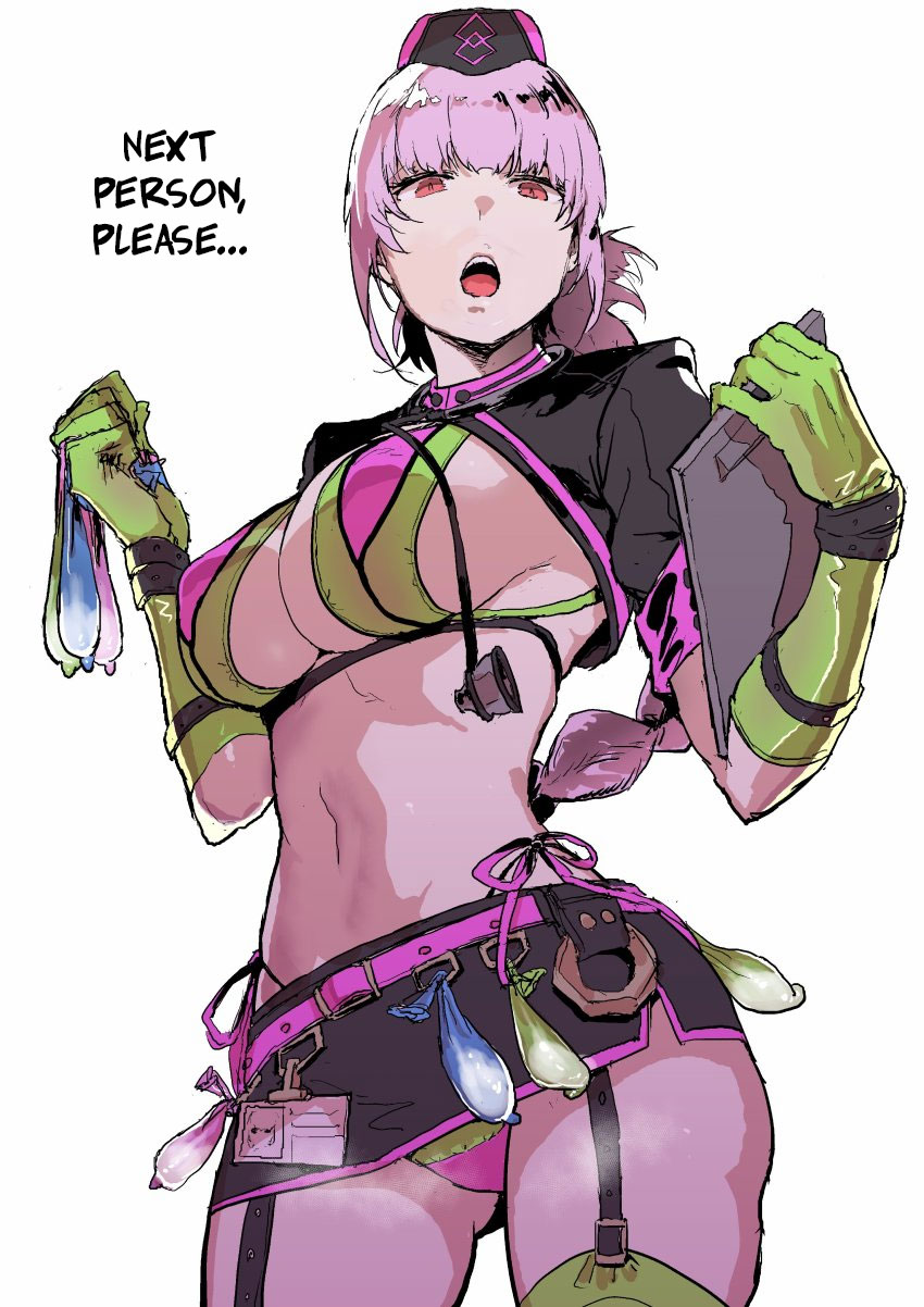 1girl absurdres bangs bikini black_skirt breasts condom cowboy_shot erect_nipples fate/grand_order fate_(series) florence_nightingale_(fate/grand_order) garter_straps gloves green_gloves hard_translated hat highres large_breasts long_hair looking_at_viewer miniskirt navel oosawara_sadao open_mouth panties pantyshot pantyshot_(standing) pink_hair pink_panties red_eyes revealing_clothes skirt solo standing stomach swimsuit thighhighs translated trick_or_treatment underwear used_condom