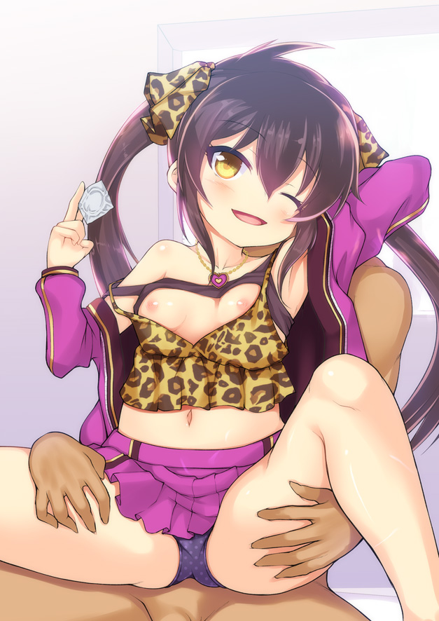 1girl ;d animal_print bangs bare_shoulders between_fingers blush breasts brown_eyes brown_hair camisole collarbone commentary_request condom condom_wrapper eyebrows_visible_through_hair hair_between_eyes hair_ribbon head_tilt heart heart_necklace hetero holding holding_condom idolmaster idolmaster_cinderella_girls jacket leopard_print long_hair long_sleeves matoba_risa nipples one_eye_closed open_clothes open_jacket open_mouth out-of-frame_censoring panties pleated_skirt polka_dot polka_dot_panties print_camisole print_ribbon purple_jacket purple_panties purple_skirt ribbon safi sidelocks sitting sitting_on_lap sitting_on_person skirt small_breasts smile solo_focus strap_slip twintails underwear very_long_hair