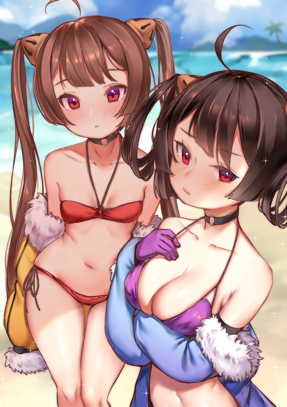 :o ahoge arm_under_breasts azur_lane bangs beach bikini black_hair blurry breast_hold breasts brown_hair choker cleavage day depth_of_field eyebrows_visible_through_hair fur_trim gloves hair_rings halterneck hand_on_own_chest highres looking_at_viewer medium_breasts multiple_girls navel ning_hai_(azur_lane) off_shoulder outdoors ping_hai_(azur_lane) purple_bikini purple_gloves red_bikini red_eyes side-tie_bikini skindentation small_breasts sparkle strap_pull sunege_(hp0715) swimsuit thigh_gap