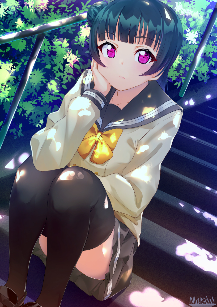artist_name bangs black_footwear black_legwear blue_hair bow bowtie chin_rest collarbone commentary_request dutch_angle elbow_on_knee eyebrows_visible_through_hair hand_on_own_cheek highres light_frown long_hair looking_at_viewer love_live! love_live!_sunshine!! marshall_(wahooo) miniskirt outdoors purple_eyes railing school_uniform serafuku shoes side_bun sitting sitting_on_stairs skirt solo stairs thighhighs tsushima_yoshiko yellow_neckwear