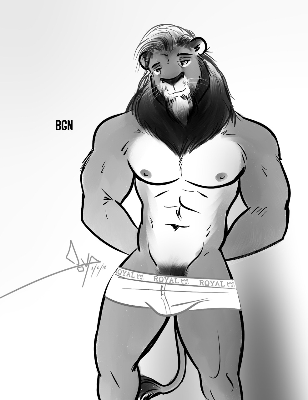 2018 better_version_at_source bgn bulge clothing feline greyscale lion male mammal monochrome muscular muscular_male simple_background solo underwear white_background