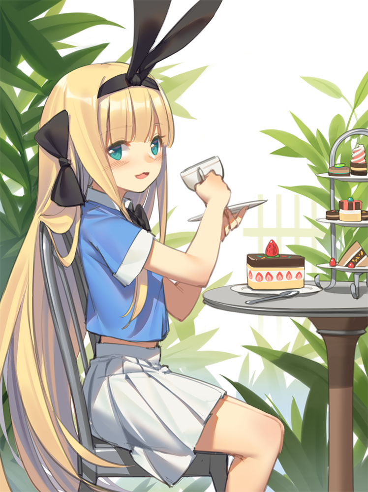 :3 aqua_eyes bangs black_bow black_hairband blonde_hair blush bow cake chair commentary cup eyebrows_visible_through_hair feet_out_of_frame food from_side fruit hair_bow hairband holding holding_cup long_hair looking_at_viewer looking_to_the_side macaron midriff mononobe_alice nijisanji on_chair open_mouth plant plate pleated_skirt shirt short_sleeves sitting skirt slice_of_cake smile solo spoon strawberry strawberry_shortcake table very_long_hair virtual_youtuber white_skirt yura_(botyurara)