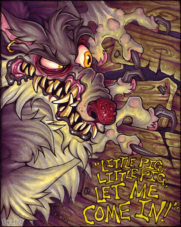 2012 anthro big_bad_wolf canine dialogue english_text facerot fangs fur little_red_riding_hood_(copyright) male mammal red_nose solo teeth text the_three_little_pigs traditional_media_(artwork) wolf