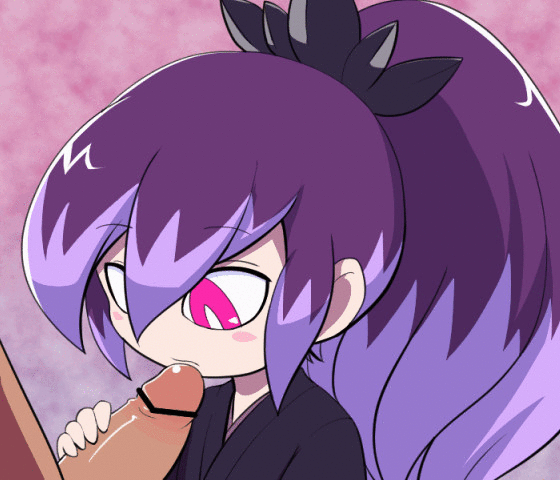 1girl animated animated_gif bangs black_kimono blinking blush_stickers bright_pupils censored eyebrows eyebrows_visible_through_hair fellatio hair_between_eyes high_ponytail hyakkihime japanese_clothes kimono licking long_hair multicolored_hair no_nose nollety oral penis pink_eyes pointless_censoring purple_hair sidelocks solo_focus tongue tongue_out two-tone_hair ugoira upper_body white_pupils youkai_watch