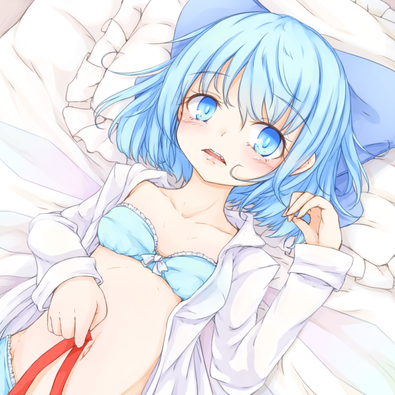 aqua_bra aqua_panties blue_bow blue_eyes blue_hair bow bra cirno collarbone collared_shirt commentary_request d: eyebrows_visible_through_hair eyelashes fang flat_chest frilled_bra frilled_panties frills hair_bow hand_on_own_stomach hand_up hips holding holding_ribbon light_blush long_sleeves looking_at_viewer lying midriff navel neko_mata on_back on_bed open_clothes open_mouth open_shirt panties pillow red_ribbon ribbon shirt short_hair sleeve_cuffs solo stomach strapless strapless_bra tareme tongue touhou underwear upper_body upper_teeth white_shirt