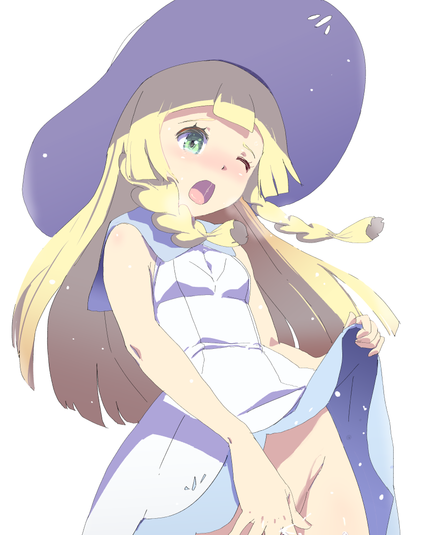 blonde_hair blush braid dress dress_lift fingering green_eyes hat lifted_by_self lillie_(pokemon) long_hair masturbation mushi_gyouza no_panties one_eye_closed open_mouth pokemon pokemon_(game) pokemon_sm simple_background sleeveless sleeveless_dress solo sun_hat twin_braids white_background white_dress white_hat