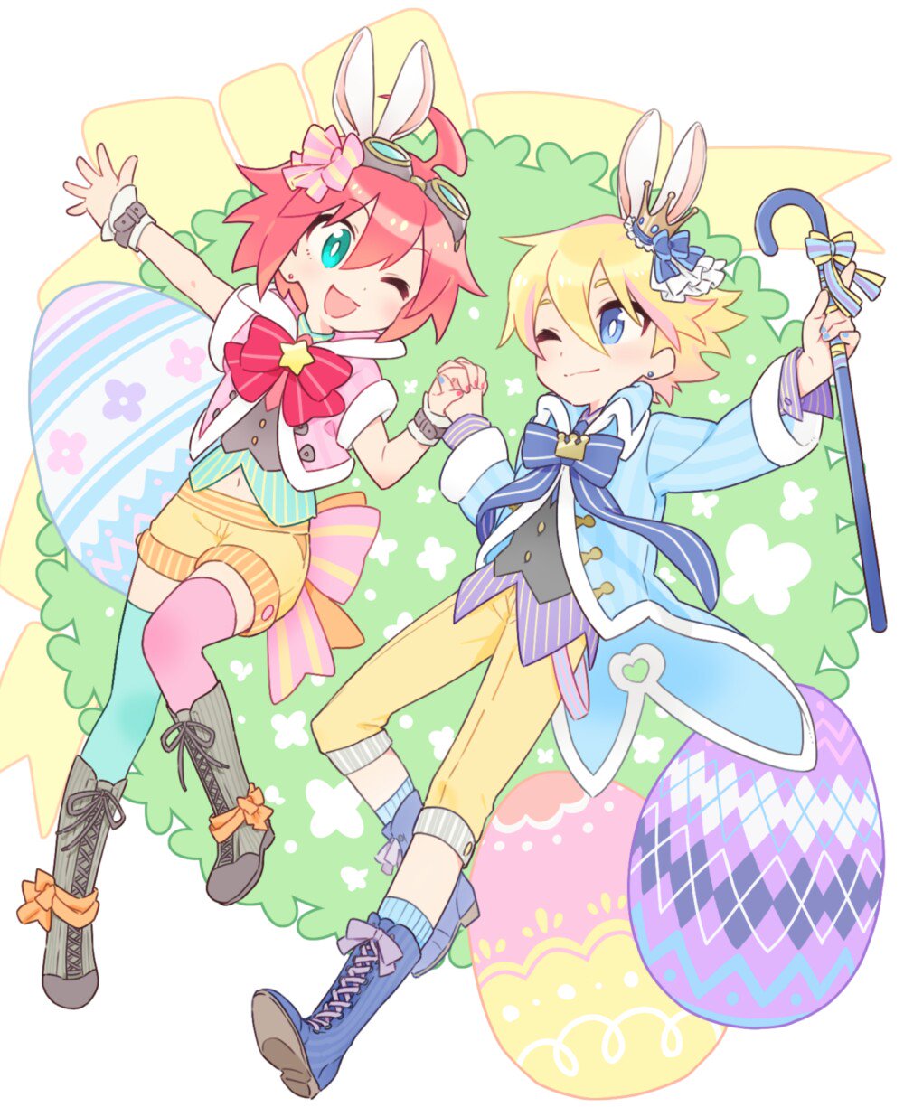 1girl ;d ahoge alpha_omega_nova aqua_eyes blue_eyes boots bright_pupils couple crown easter_egg egg full_body goggles goggles_on_head highres holding_hands looking_at_another luluco mini_crown mt.somo one_eye_closed open_mouth pants red_hair short_hair shorts smile trigger-chan trigger_(company) uchuu_patrol_luluco yellow_pants