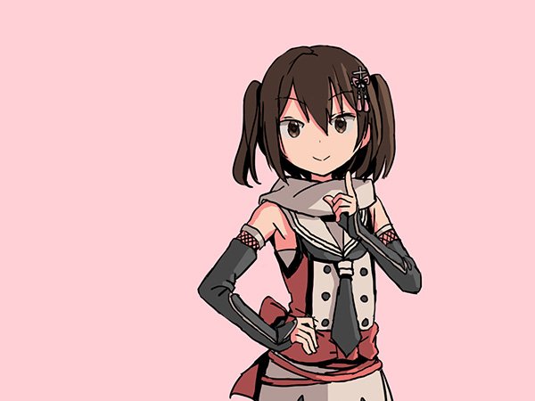 adrian_ferrer brown_eyes brown_hair elbow_gloves fingerless_gloves gloves hair_ornament hand_on_hip index_finger_raised kantai_collection pink_background remodel_(kantai_collection) scarf school_uniform sendai_(kantai_collection) serafuku solo two_side_up upper_body white_scarf