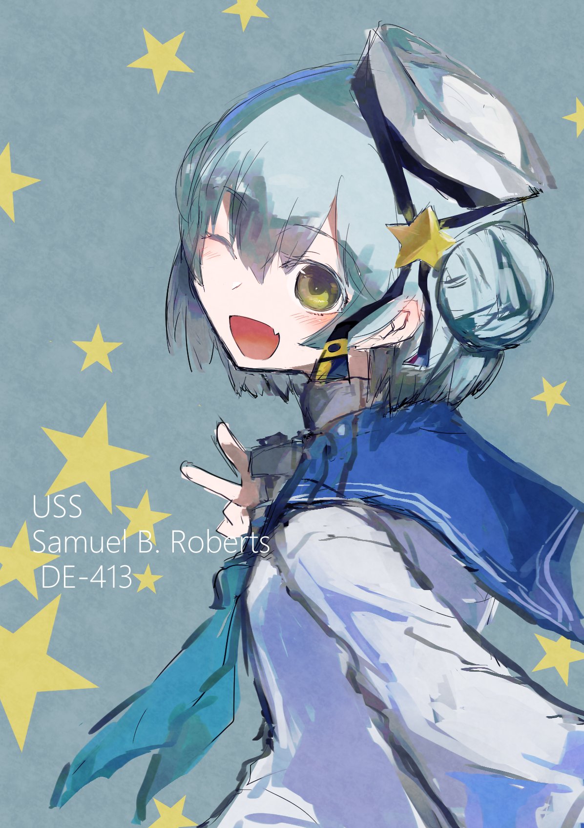 ;d agtt25333 bangs blue_background blue_hair blue_neckwear blue_sailor_collar blush character_name dixie_cup_hat double_bun eyebrows eyebrows_visible_through_hair fang hair_between_eyes hat highres kantai_collection long_sleeves military_hat neckerchief one_eye_closed open_mouth protected_link sailor_collar samuel_b._roberts_(kantai_collection) school_uniform serafuku shirt short_hair smile solo star upper_body v white_hat white_shirt yellow_eyes