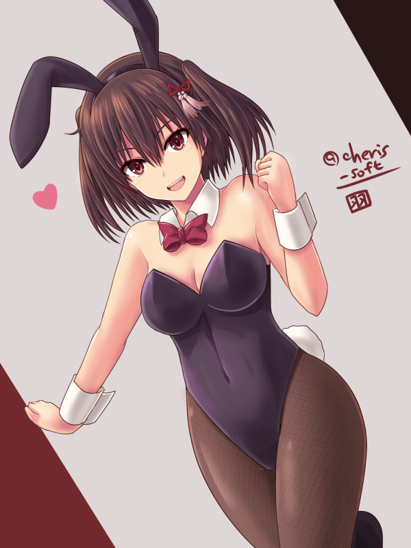 animal_ears black_hair black_leotard bow bowtie breasts brown_eyes brown_legwear bunny_ears bunny_tail bunnysuit cleavage detached_collar dutch_angle fishnet_pantyhose fishnets hair_ornament haura_akitoshi kantai_collection leotard looking_at_viewer medium_breasts pantyhose red_neckwear remodel_(kantai_collection) sendai_(kantai_collection) solo strapless strapless_leotard tail twitter_username two_side_up wrist_cuffs